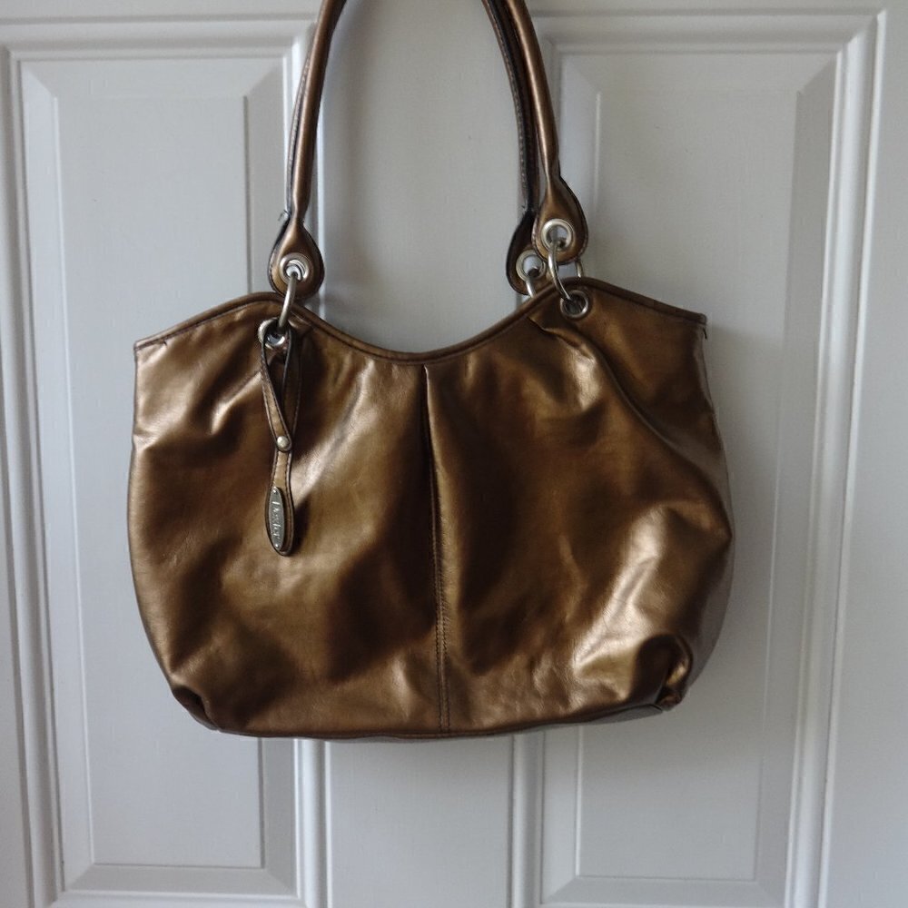 Dexter gold bronze purse, 15wx11tallx 3" wide bottom, very soft vinyl, shoulder